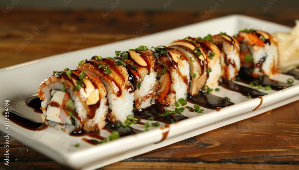 A beautifully arranged sushi roll drizzled with sauce and garnished. A beautifully arranged sushi roll drizzled with sauce and garnished.