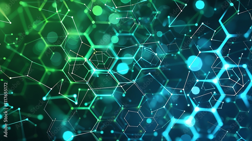 Obraz premium An abstract background with interconnected hexagonal patterns and glowing nodes in shades of green and blue