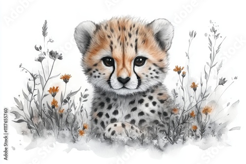 A cute cheetah cub surrounded by flowers, blending realism with artistic illustration. photo