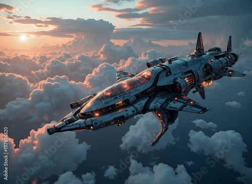 Futuristic spacecraft soaring above vibrant clouds at sunset, blending technology with nature s beauty, digital art of science fiction concept. photo