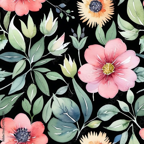 Wallpaper Mural Floral Watercolor Pattern: Dark Background  Torontodigital.ca