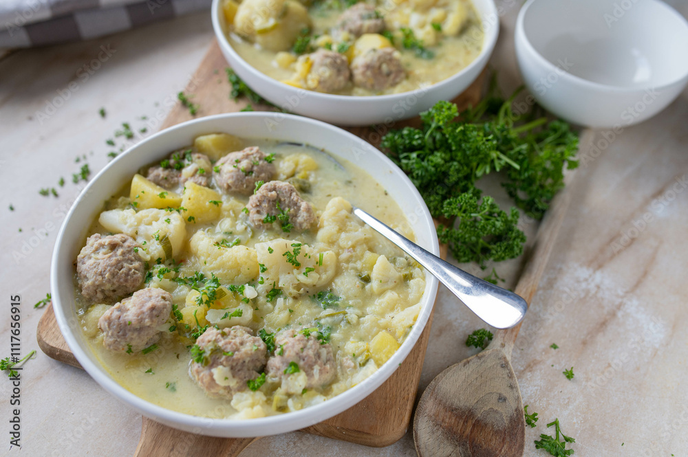 Delicious homemade cooked potato cauliflower soup with meatballs on a plate Delicious homemade cooked potato cauliflower soup with meatballs on a plate