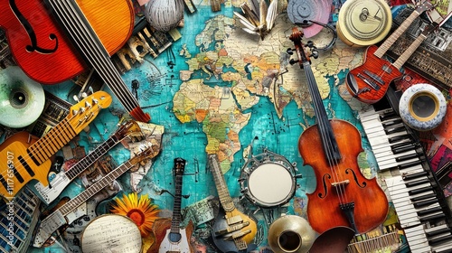 World music instruments collage on map.