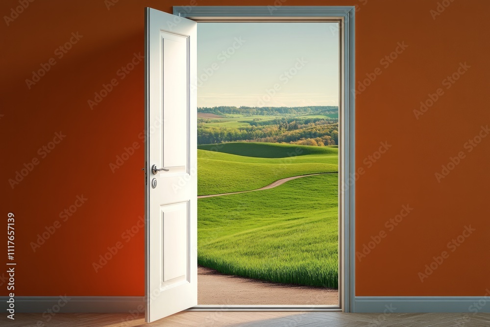 white door opening to a green field
white door opening to a green field