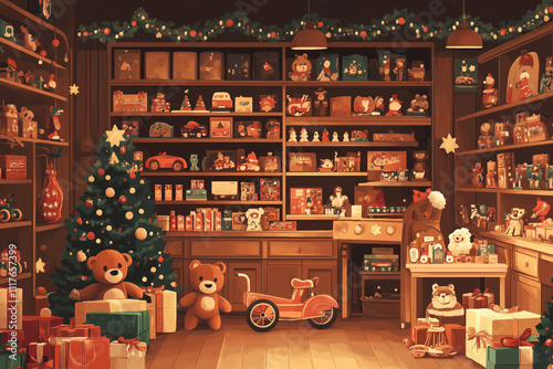Christmas illustration, toy store interior, background