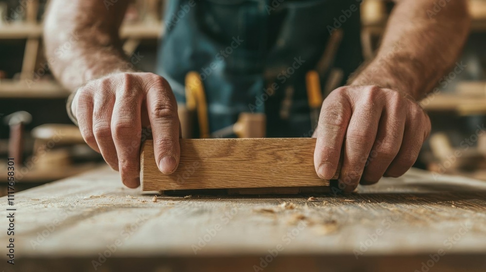 Focused closeup of hands using a hand plane on a wooden plank, with vintage tools in the background Focused closeup of hands using a hand plane on a wooden plank, with vintage tools in the background