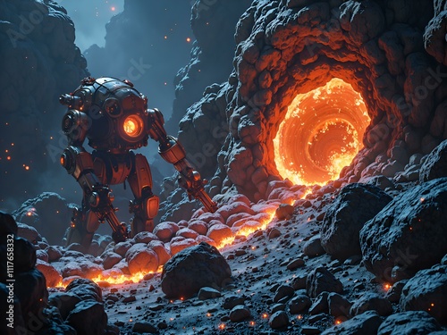 Exploring the fiery portal  a robot s journey through the lava caverns of an otherworldly realm, 3d render of futuristic landscape concept. photo