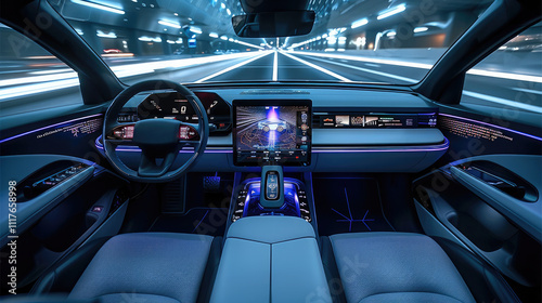 Electric Vehicle, interior of a moving electric vehicle, highlighting the advanced technology of electric vehicles through a touch screen, a camera display on the dashboard, and holographic controls. photo