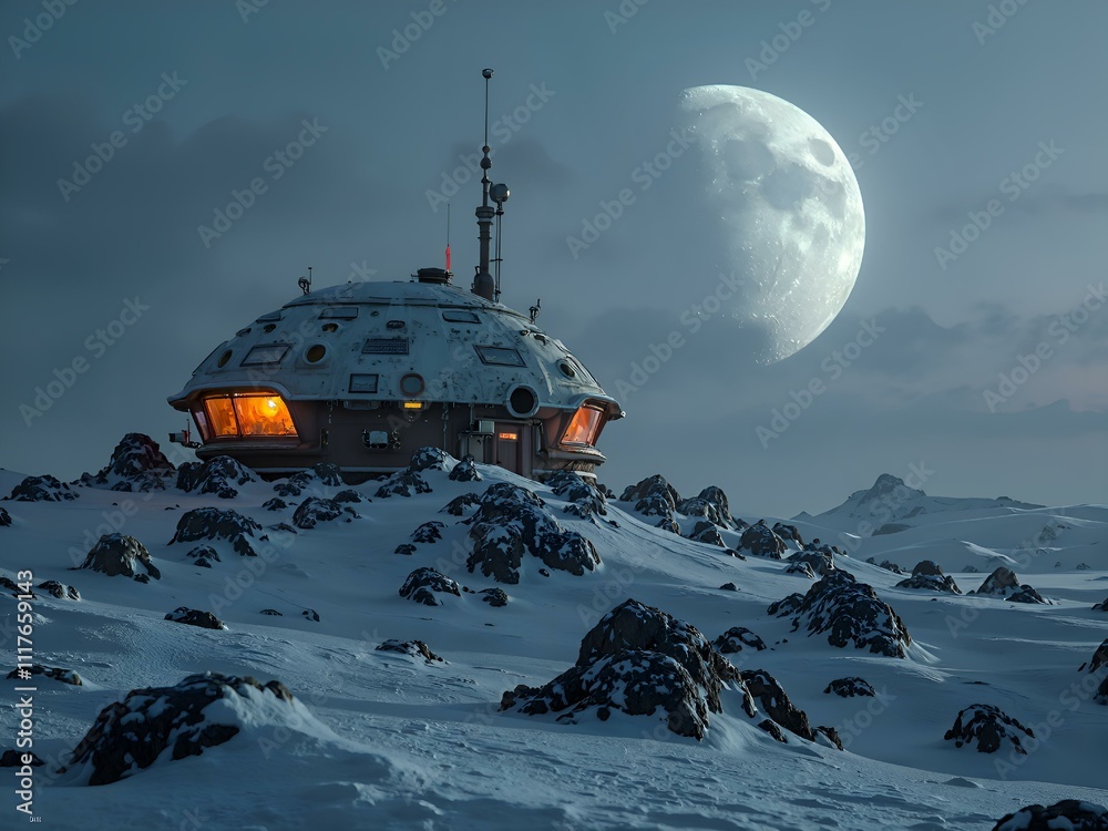 A futuristic habitat under a glowing moonlight on a snowy alien landscape, digital art of sci fi landscape concept.
