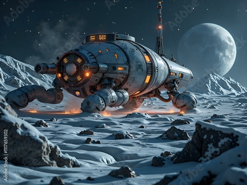 Wallpaper Mural Exploring unknown worlds  a futuristic spacecraft on a moonlit surface, digital art of sci fi concept. Torontodigital.ca