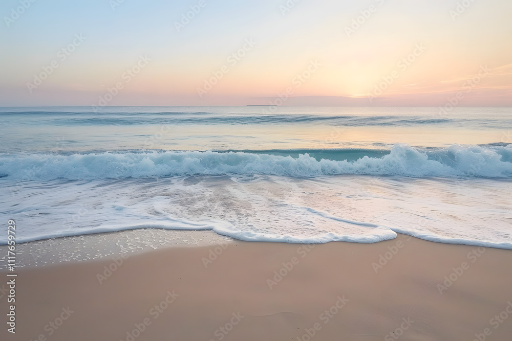 Obraz premium Tranquil Empty Beach at Sunrise with Gentle Waves and Pastel Sky 
