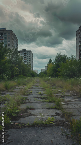 Abandoned Urban Area Overtaken by Nature on a Cloudy Day  