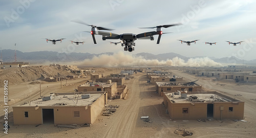 A drone army flying over buildings in the desert.