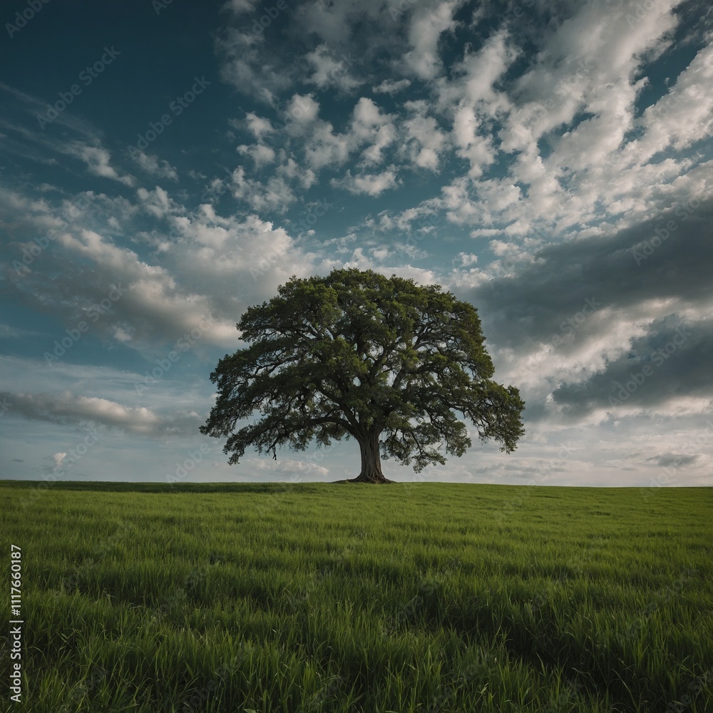 Obraz premium A lone tree in the middle of a vast green field.