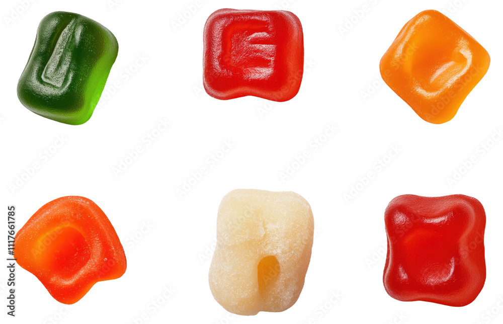 Six colorful gummy candies in various shapes on a white background Six colorful gummy candies in various shapes on a white background