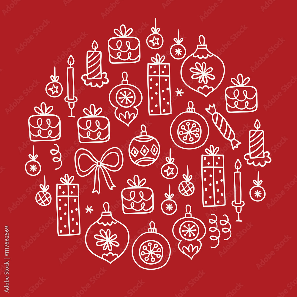 Fototapeta premium Christmas outline greeting card with gifts, candle, ball, bauble, bow, snowflake, candy on red background. Circle ornament. Perfect for seasonal holidays and winter decorations. Vector illustration