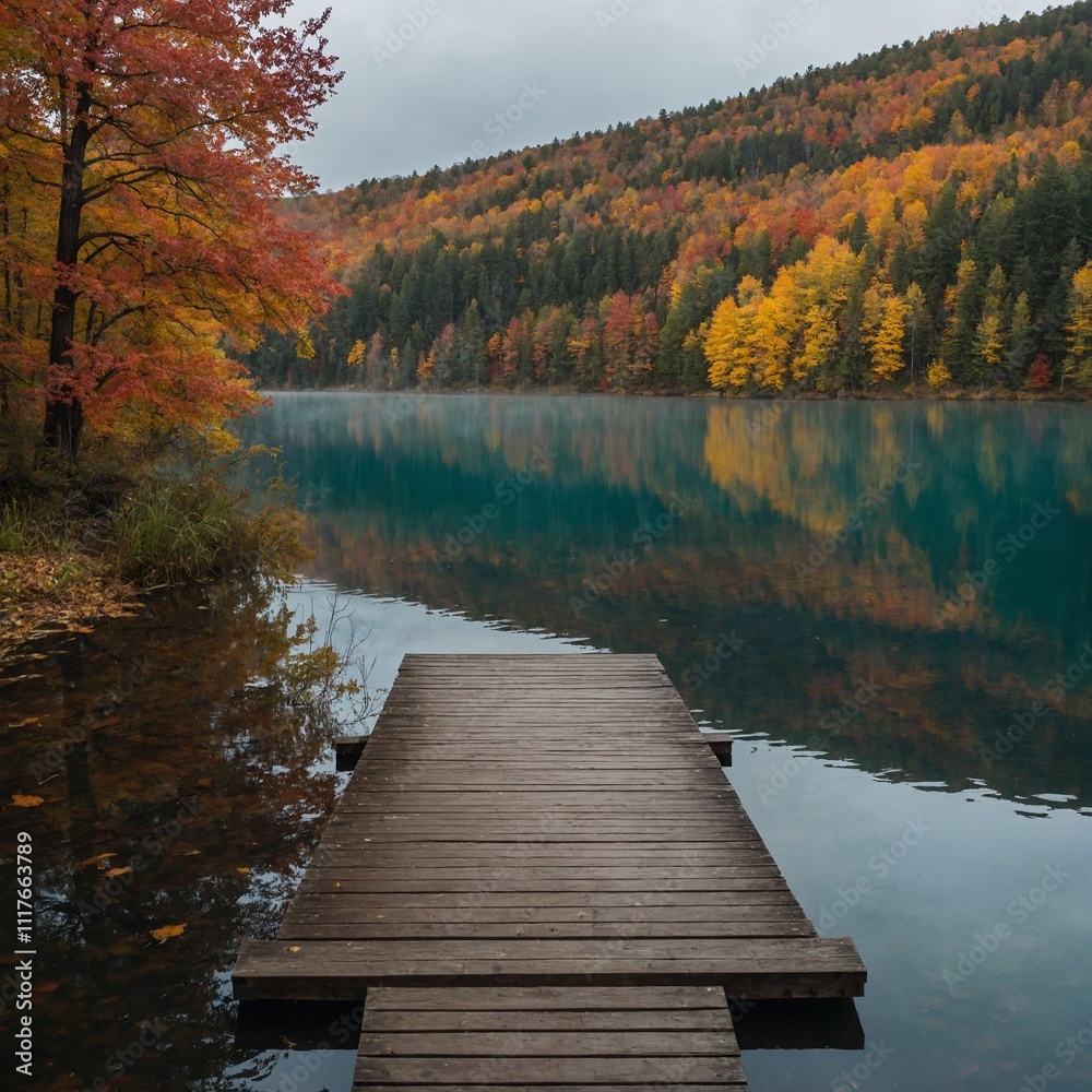 A tranquil lake with a small wooden dock, surrounded by a colorful autumn forest.