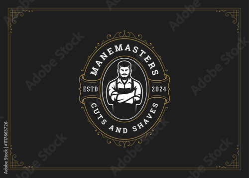 Antique luxury flourishes golden logo barbershop with man barber design template vector illustration. Classical elegant Victorian swirl emblem male gentleman hipster grooming shaving service