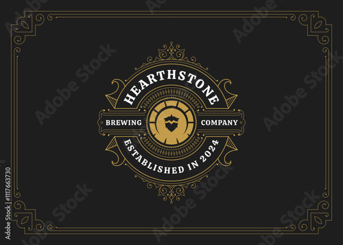 Vintage flourishes filigree ornament brew beer logo with hops design template vector illustration. Elegant luxury classical Victorian golden swirl emblem for craft brewery malt pub bar brewery