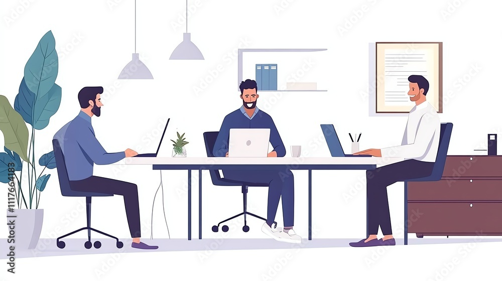 Three men sit at their computers in an open office. One man is focused on his computer. Three men sit at their computers in an open office. One man is focused on his computer.