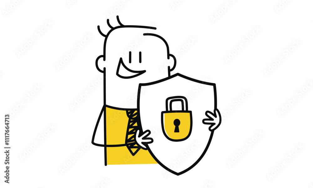 Cartoon man hold shield with padlock inside. Concept of data security technology flat vector illustration. Hand drawn vector illustration. Black and white. Cartoon man hold shield with padlock inside. Concept of data security technology flat vector illustration. Hand drawn vector illustration. Black and white.