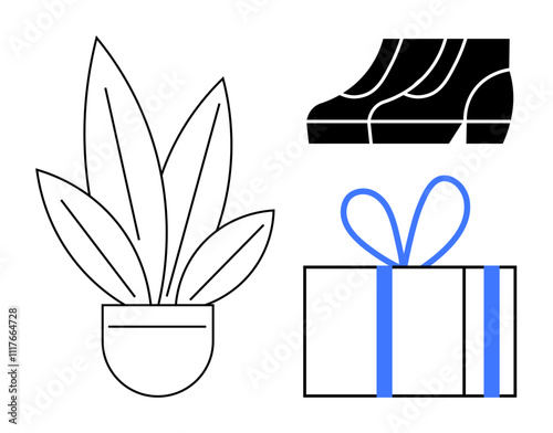 Potted plant with large leaves, wrapped gift with blue ribbon, black shoes. Ideal for digital art, minimalism themes, gift-giving, fashion, interior design lifestyle and holiday greetings. Line