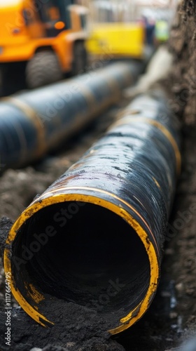Large black pipes with yellow stripes laid on the ground for construction.