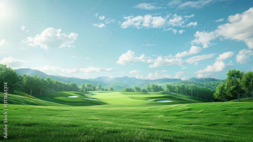 Serene Golf Course Landscape Under Clear Blue Sky Serene Golf Course Landscape Under Clear Blue Sky