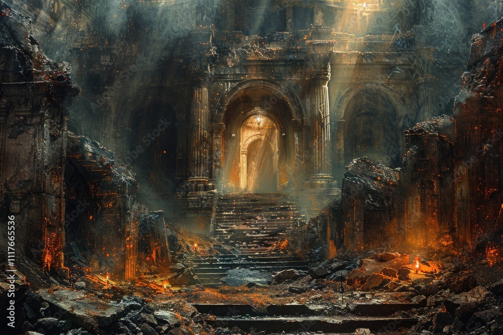 Fototapeta premium Burning Ruins Of An Ancient Stone Palace