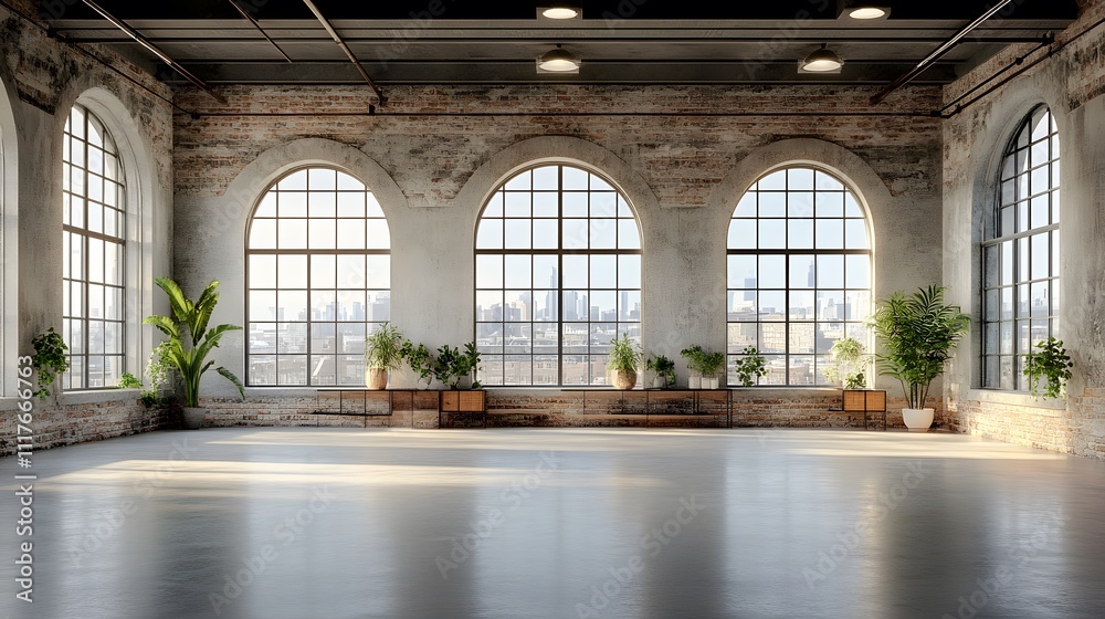 Fototapeta premium Interior design of an empty warehouse with sleek shelving units and a spacious, open-plan layout in 3D rendering.