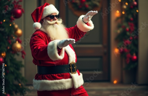 Cool Santa Claus in Black Sunglasses Strikes Awesome Pose at Epic Christmas Party. Cinematic Lighting Illuminates Jolly Saint Nick Making Hip Hand Gestures for Festive Holiday Celebration photo