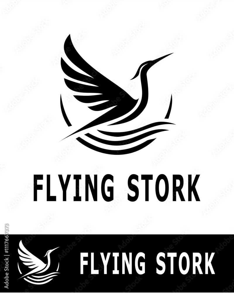 Minimalist flying stork logo design in black and white, featuring elegant wing patterns and a sleek silhouette Minimalist flying stork logo design in black and white, featuring elegant wing patterns and a sleek silhouette