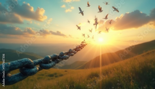 A rusted chain stretches toward a breathtaking sunset, where a flock of birds takes flight into the vibrant sky. The scene captures a powerful moment of liberation, as the warm golden rays illuminate