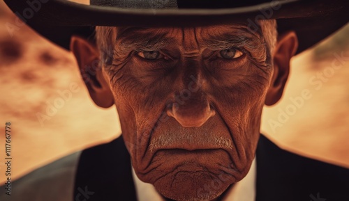 close-up of elderly man in black suit and hat stares intently into the camera in desert