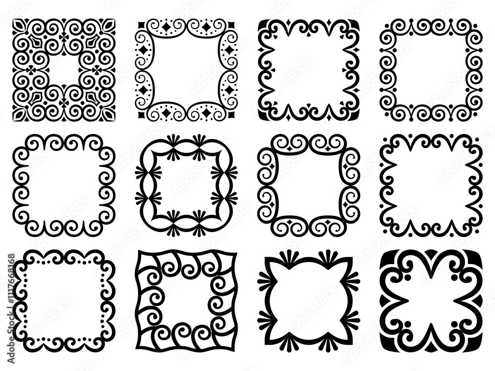 Set of vector square frames with geometric ornaments isolated on white background. Simple vintage blank frames for text, greeting cards, invitations, certificates, web banners, brochures, vignettes Set of vector square frames with geometric ornaments isolated on white background. Simple vintage blank frames for text, greeting cards, invitations, certificates, web banners, brochures, vignettes