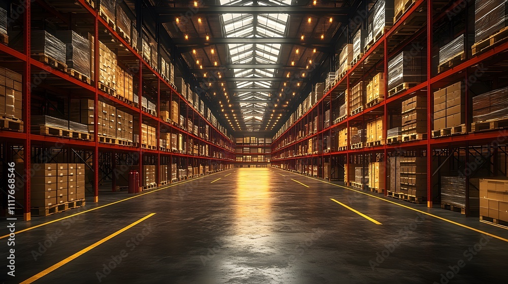 Detailed 3D render of an empty warehouse with wide aisles, steel shelving, and industrial style decor