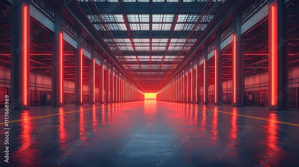 3D rendering of a large empty warehouse with sleek shelving units and open floor space for efficient storage 3D rendering of a large empty warehouse with sleek shelving units and open floor space for efficient storage