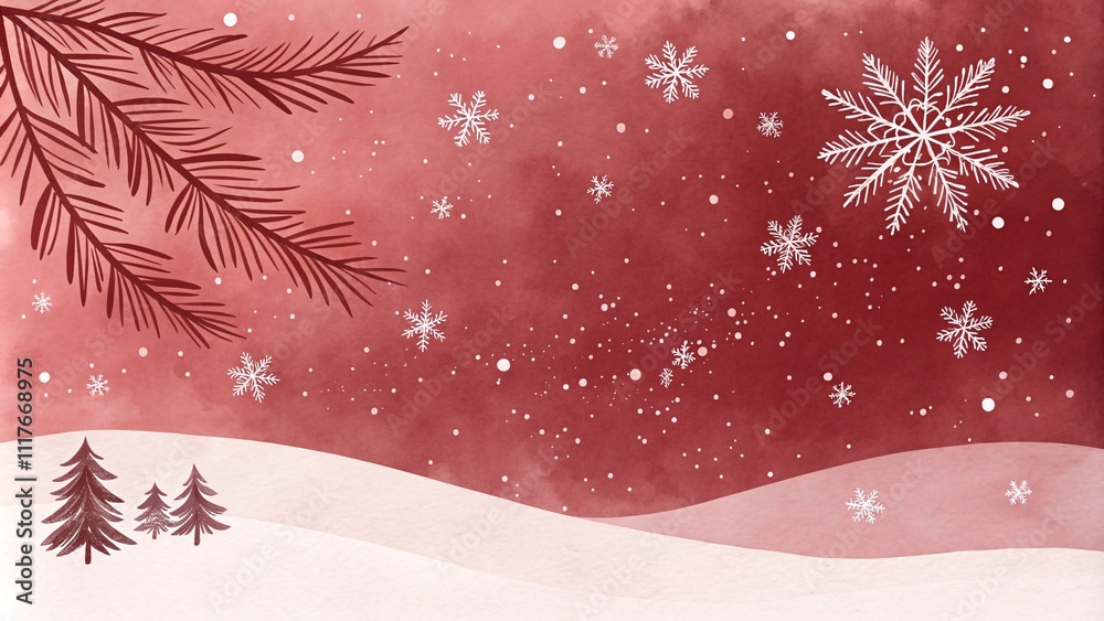 Artistic Cranberry Red Christmas Background with Watercolor Snow Artistic Cranberry Red Christmas Background with Watercolor Snow