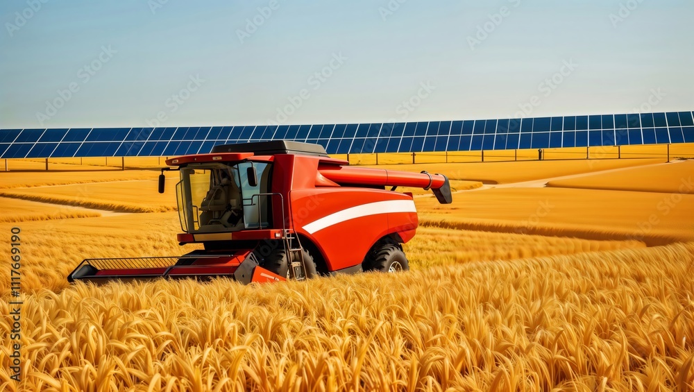 Obraz premium Sustainable Agriculture Technology. Red combine harvester working in golden wheat field with solar panel array in background against blue sky.