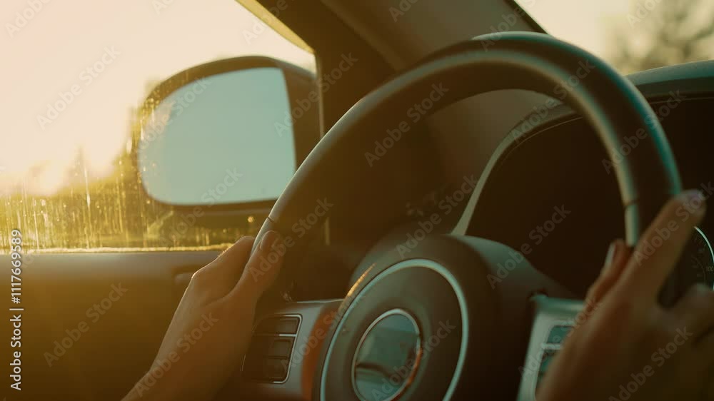 Unrecognizable hands holding steering wheel driving car during sunset. Fingers gripping wheel navigating vehicle through golden evening light. Driver enjoying peaceful ride surrounded by warm sunset