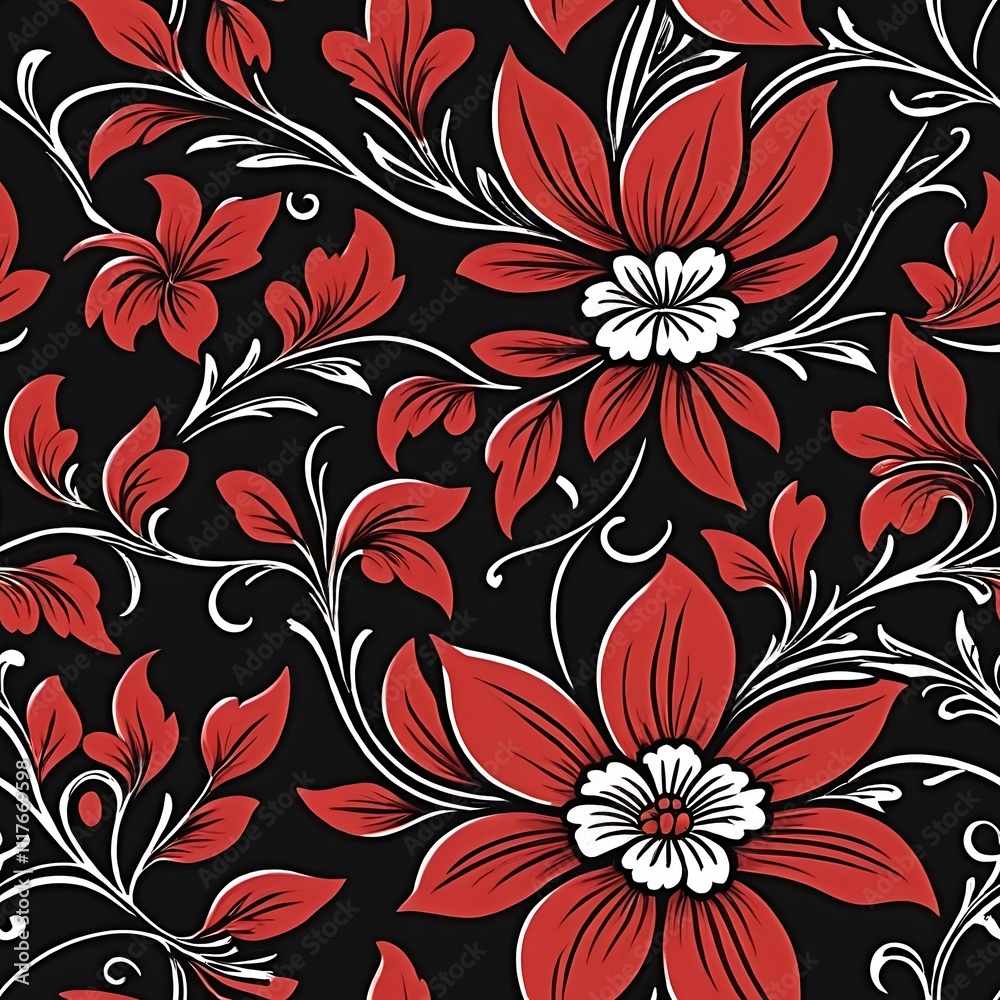 Red Floral Pattern: A vibrant and intricate floral pattern with red flowers, white centers, and silver foliage against a black background. Red Floral Pattern: A vibrant and intricate floral pattern with red flowers, white centers, and silver foliage against a black background.