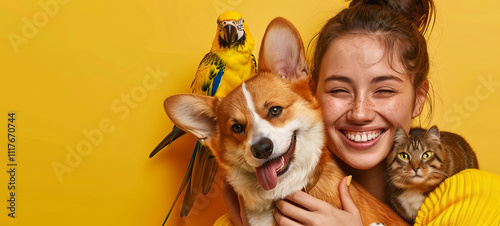 a smiling woman who holds a cute corgi and a cat, love and care for pets.