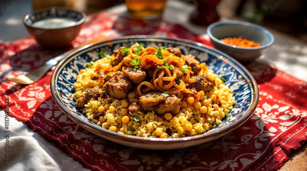 No’xat Osh Chickpea Pilaf with Fried Lamb, Caramelized Onions, and Spices (Kyrgyzstan Cuisine) No’xat Osh Chickpea Pilaf with Fried Lamb, Caramelized Onions, and Spices (Kyrgyzstan Cuisine)