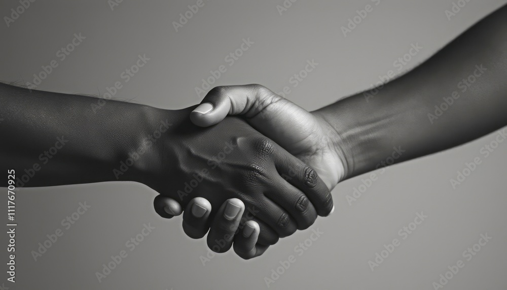 Two hands, one light and one dark, are clasped together in a powerful handshake, symbolizing unity and connection. The monochromatic background enhances the contrast between the skin tones Two hands, one light and one dark, are clasped together in a powerful handshake, symbolizing unity and connection. The monochromatic background enhances the contrast between the skin tones