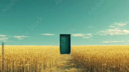  A single green wooden door standing alone in the middle of a vast rye field.