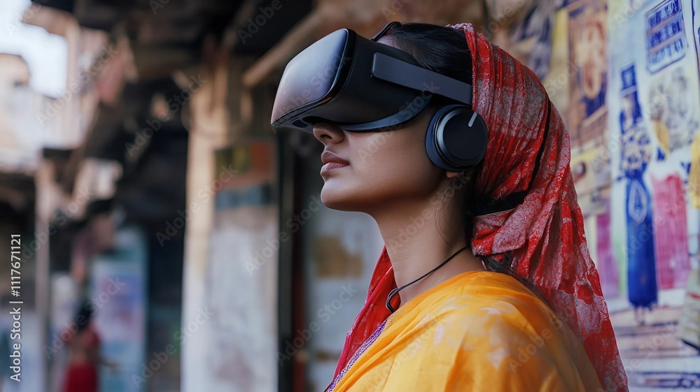 Fototapeta premium Mujer de india con ropa tradicional utiliza gafas de realidad virtual