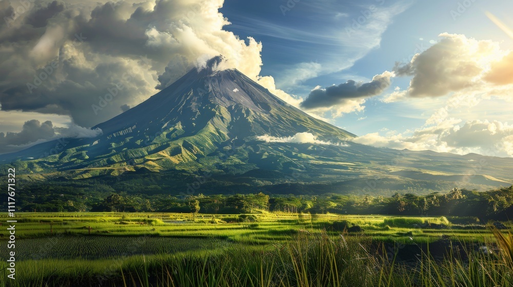Fototapeta premium Scenic Mayon Volcano in Philippines Under Dramatic Sky