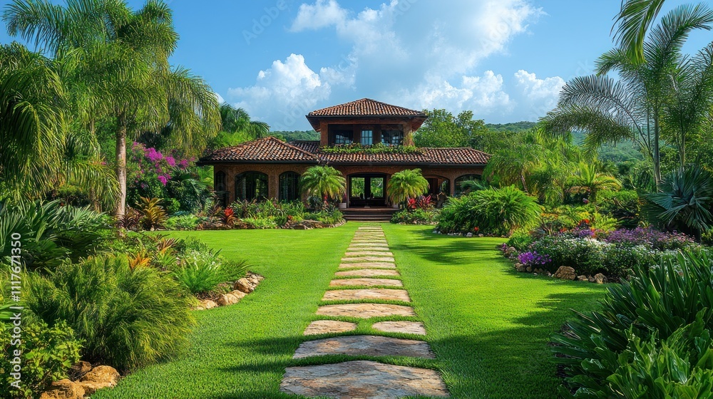 Fototapeta premium Lush tropical garden path leading to a stunning, Spanish-style villa.