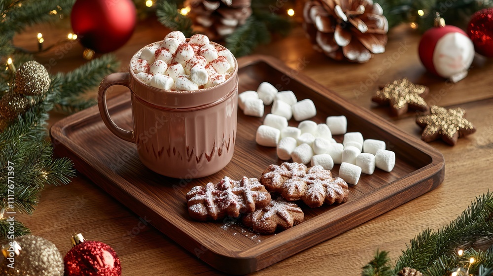 Fototapeta premium Cozy Wooden Tray with Hot Cocoa and Marshmallows
