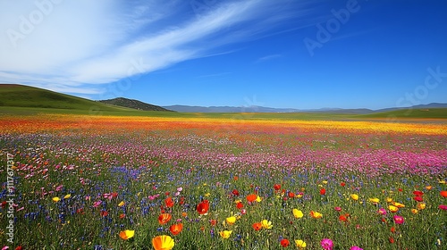 Vibrant Flower Field Under Clear Blue Sky With Rolling Hills In The Distance Creating A Colorful Natural Landscape : Generative AI